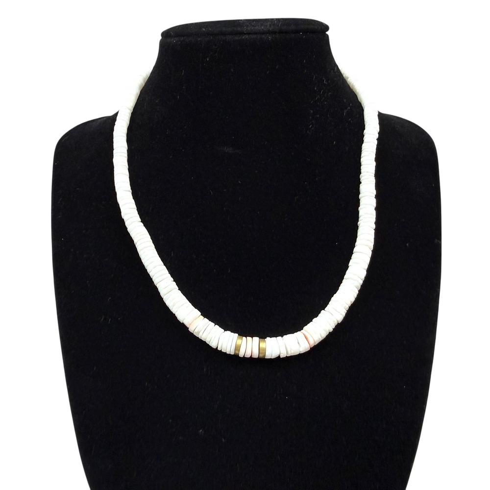 White Heishi Shell Glass Beaded Necklace Gold Coral Accent Beach Boho 16.5 in L
